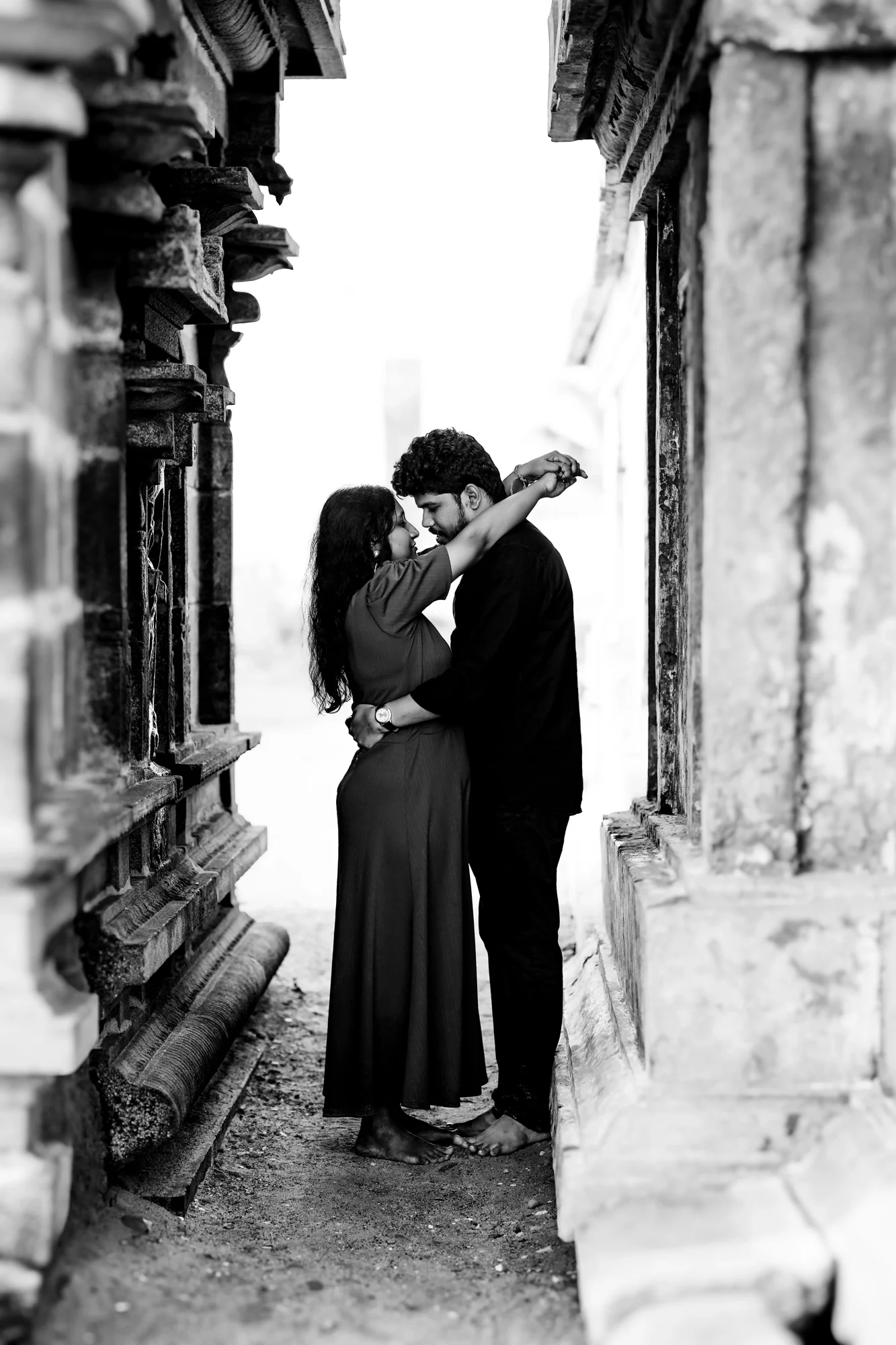 Together among timeless stone corridors